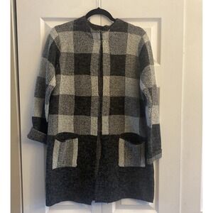 Womens Medium Open Long Cardigan sweater Jacket Gray Plaid Cabincore Old Money